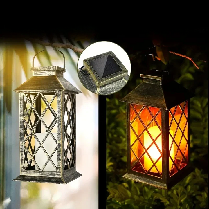 Solarlampe Noctis Have Lantern med flimrende LED-lys, varmt skær, vejrbestandig, ideel til havebelysning.
