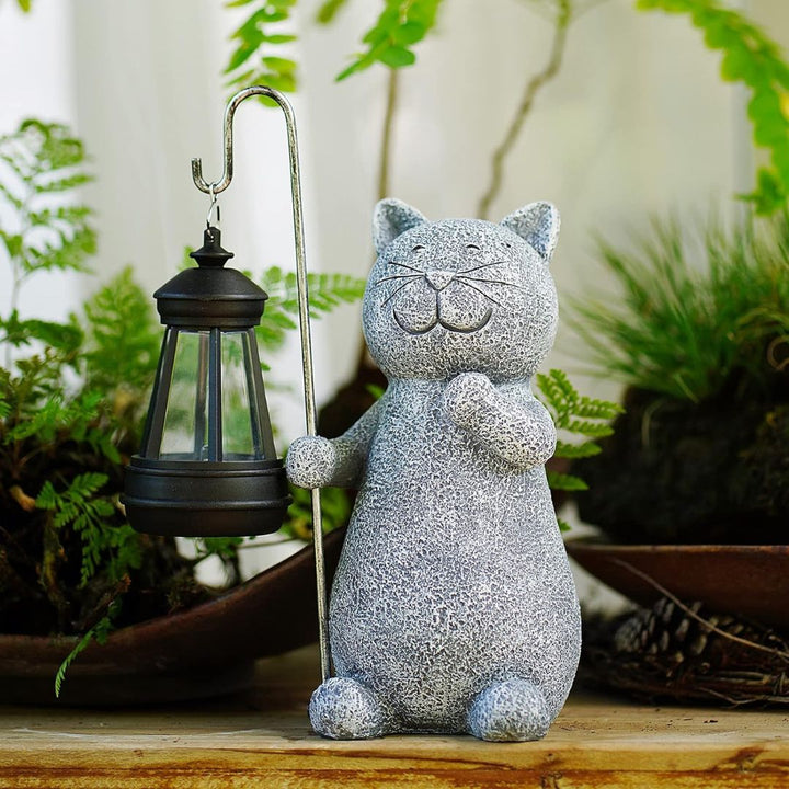 Dekorativt havenatlys, MeowLight solcelle kattefigur, perfekt til udendørs hygge i haven.