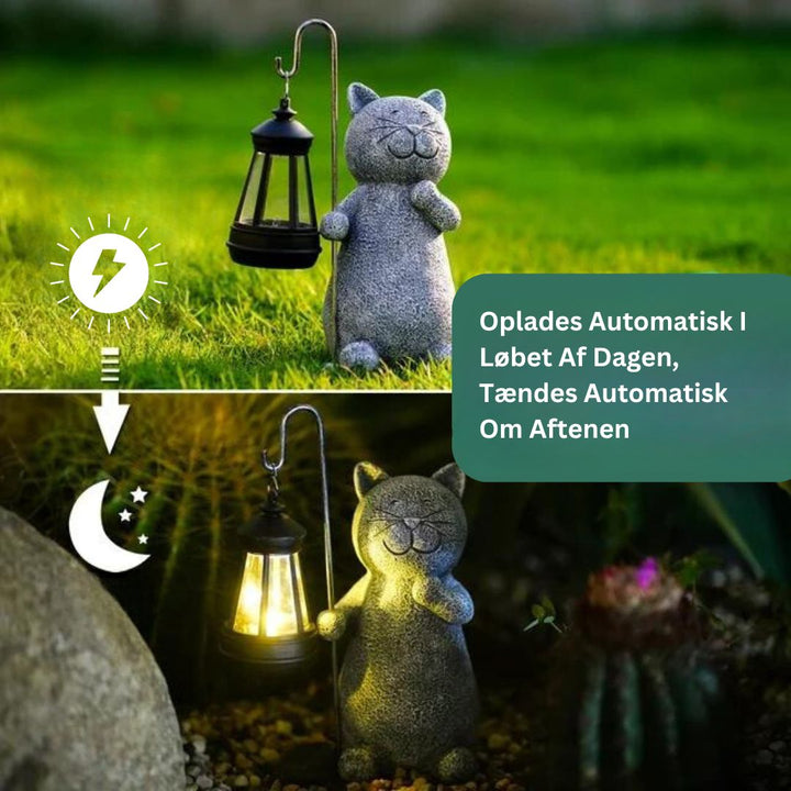 Udendørs MeowLight solcelle lanterne, charmerende kattefigur med blødt lys til at oplyse haven.