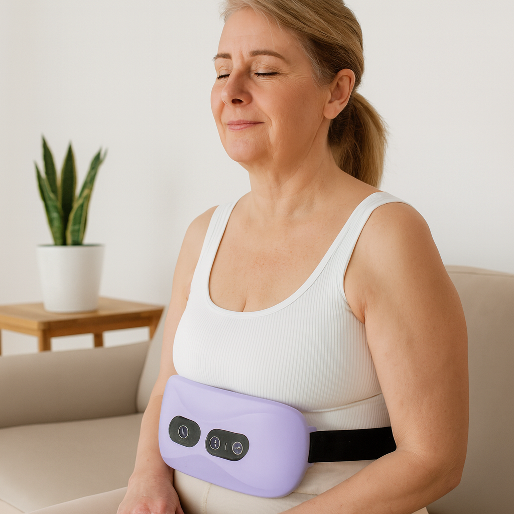 Sort ContourVibe massagebælte om taljen, viser vibration for fedtforbrænding og taljeformning.