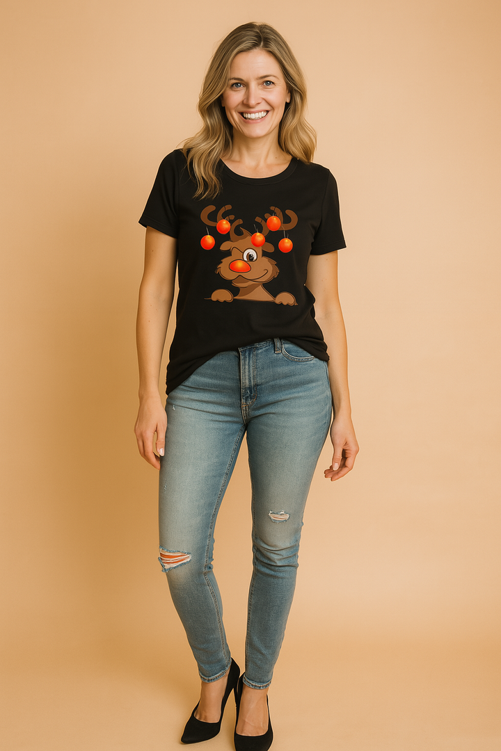 Sort dame jule T-shirt med sjov juleillustration; ideel til julefrokost. Kortærmet kvinde t-shirt med julehumor.