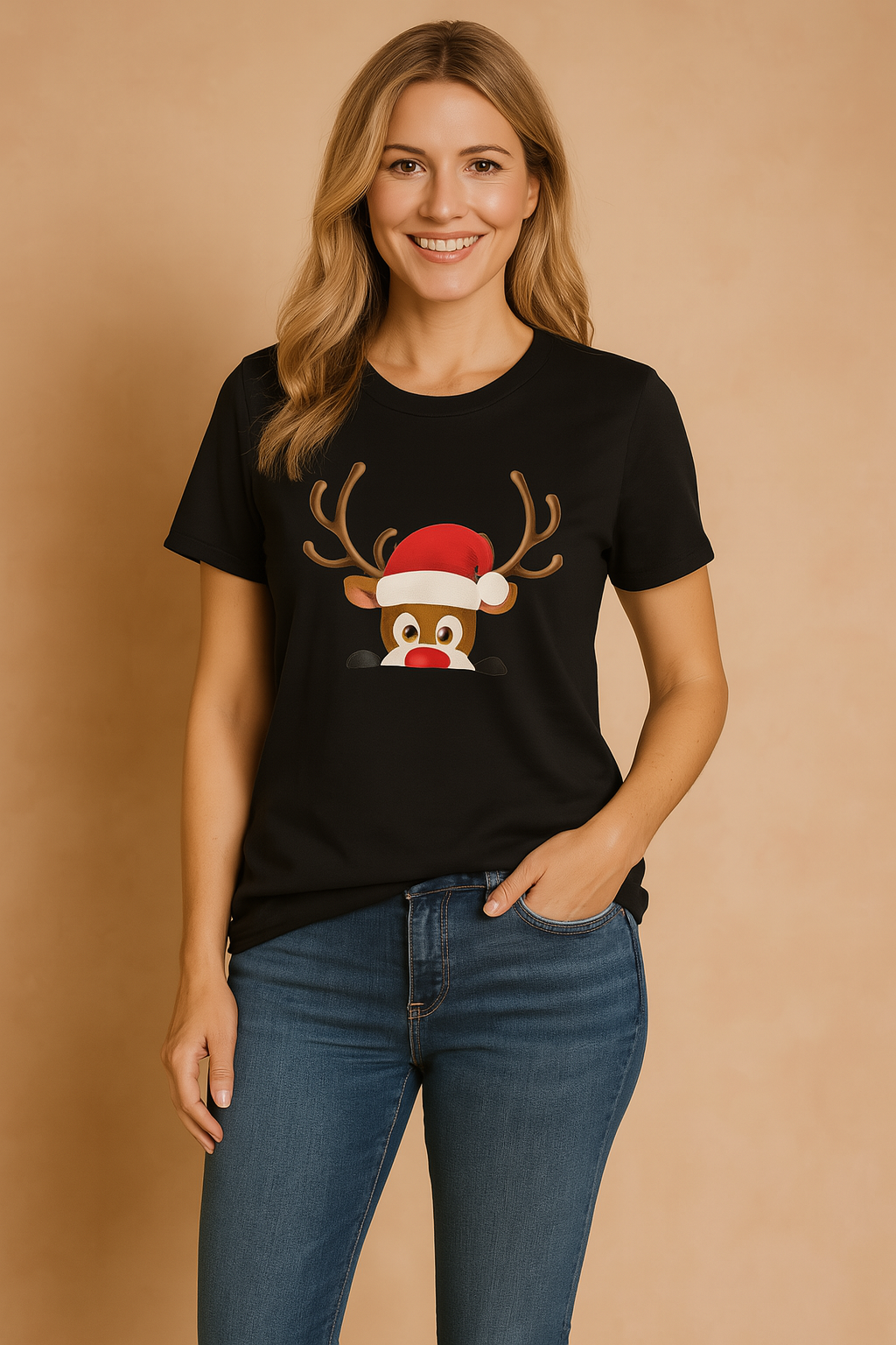 Festlig dame T-shirt med humoristisk julemotiv af rensdyr og julemand. Perfekt til sjov jul & højtidsgave.
