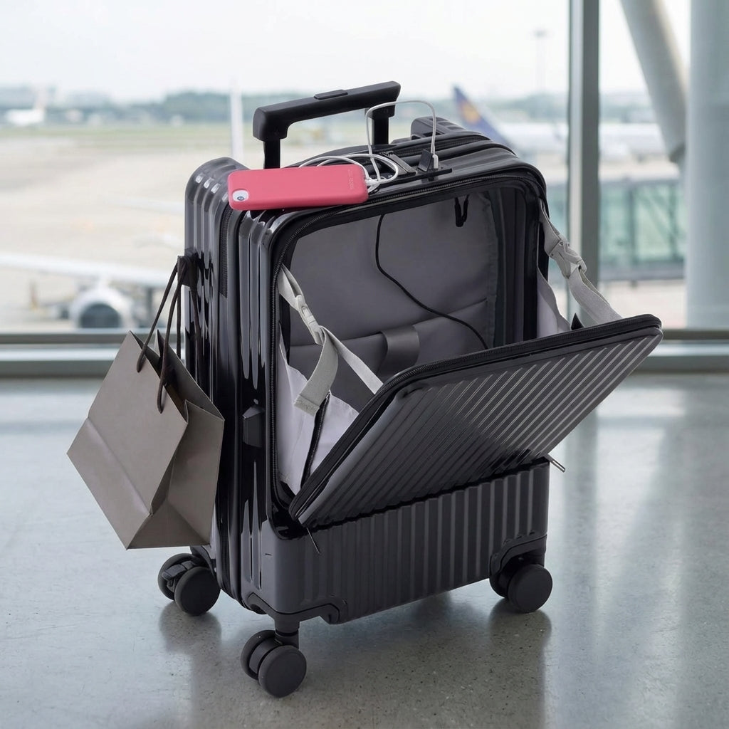 Sort håndbagage kuffert med frontåbning, ideel til hurtig adgang på rejsen og letvægts design.