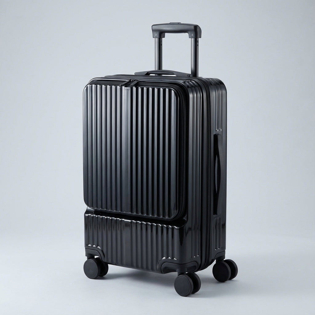 Smart CarryNex rejsekuffert med frontåbning, kopholder og USB oplader, ideel som funktionel kabinekuffert.