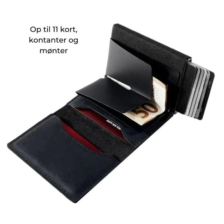 Kompakt RFID sikkerhedspung til mænd. Brun pung med kortholder og smart slide-funktion.