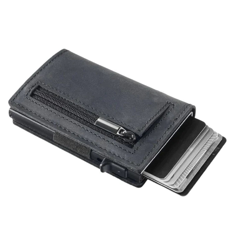 Elegant sort herrepung med RFID-beskyttelse. Slank og kompakt design til kort og kontanter.