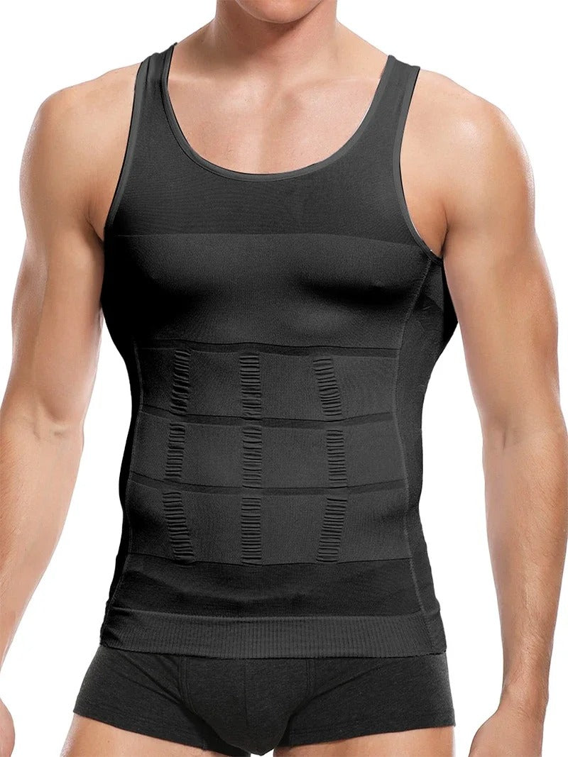 Hvid MuscleBoost kompressionsvest for mænd, forbedrer kropsholdning diskret under tøjet til hverdagsbrug.