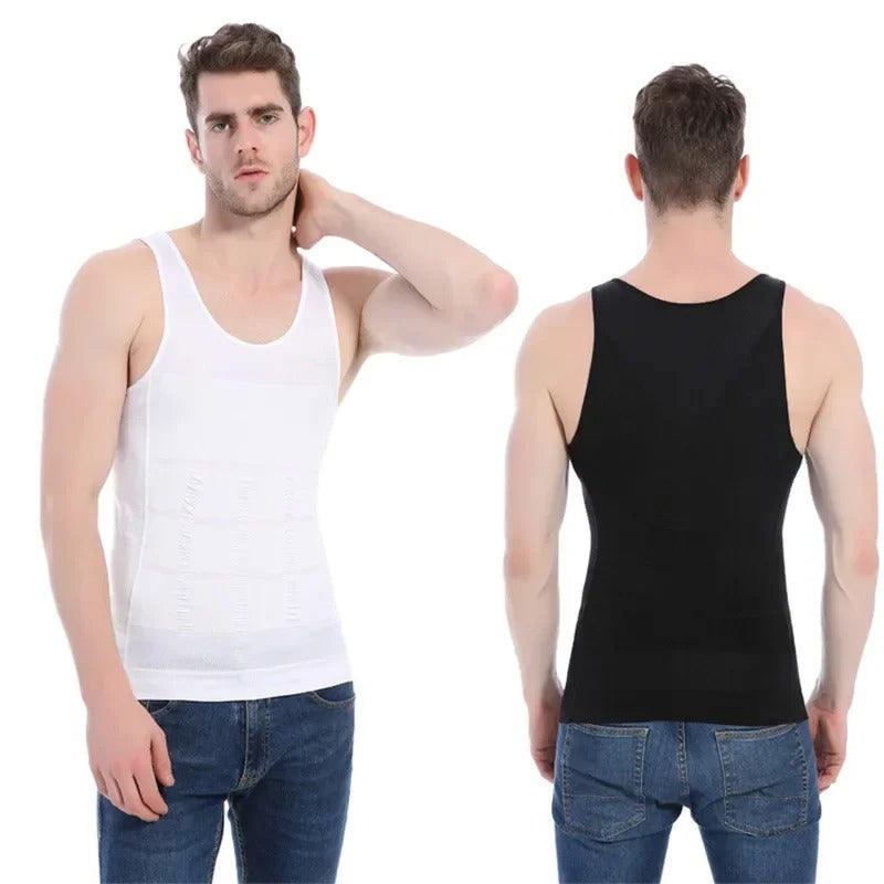 Sort MuscleBoost herre kompressionsvest, giver stærk support, forbedrer kropsholdning og slanker figuren.