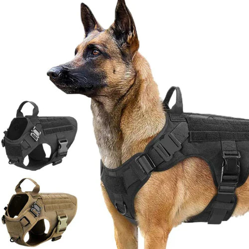 Sort robust taktisk hundevest med no-pull D-ring; ideel hundesele til træning og daglig brug. Justerbar pasform.
