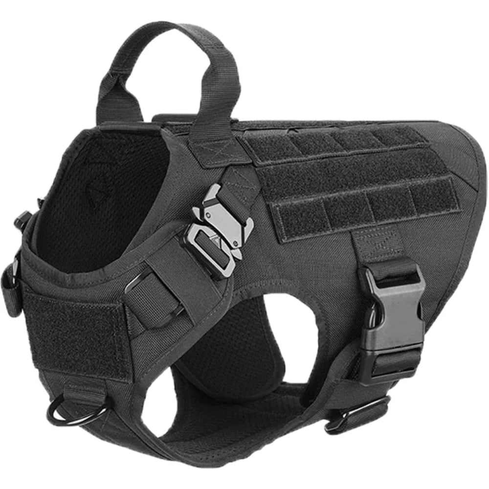 Hundevest i slidstærkt sort design med taktiske funktioner og no-pull D-ring; en robust hundesele til kæledyr.