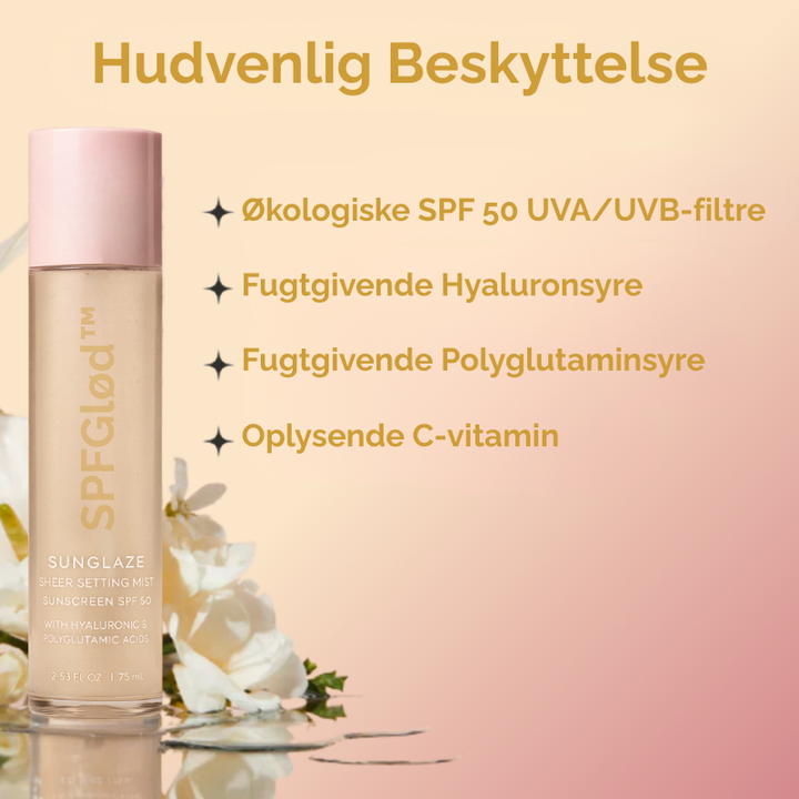 Vandfast SPF 50 ansigtsspray til hudpleje, beriget med anti-aging C-vitamin og fugtgivende hyaluronsyre.