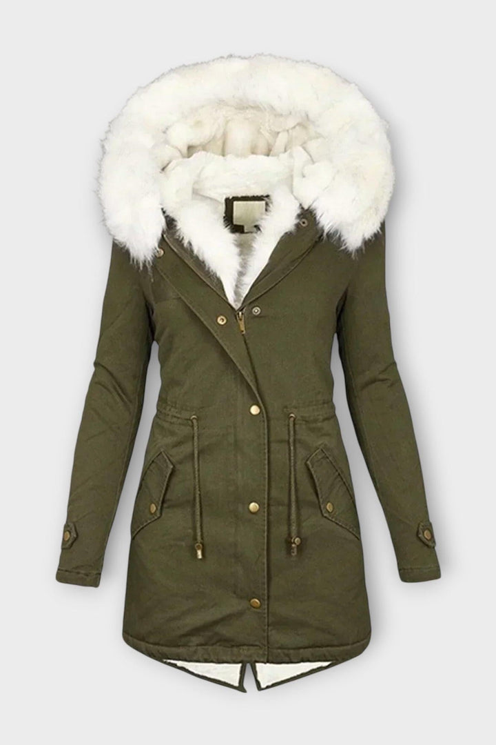 Stilfuld dame vinterjakke med varmt faux pelsfor, perfekt til elegante vinterdage. Varmt overtøj i kåbestil.