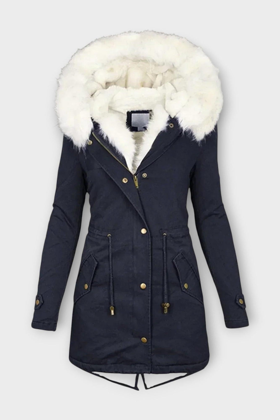 Lang dame vinterjakke med luksuriøst faux pelsfor, sikrer maksimal varme og elegant vinterlook. Nordisk design.
