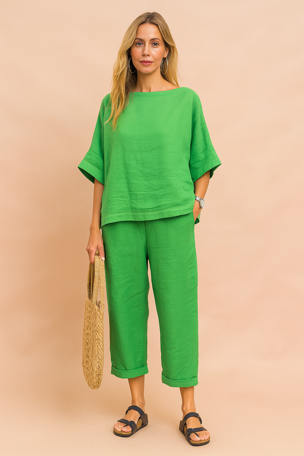 Stilfuldt damesæt med løs skjorte og behagelige bukser, perfekt til afslappet hverdagsbrug og loungewear.