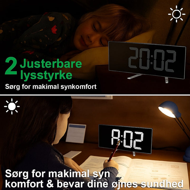 Stilfuldt LED vækkeur m. automatisk lys på et natbord, understreger det buede design.