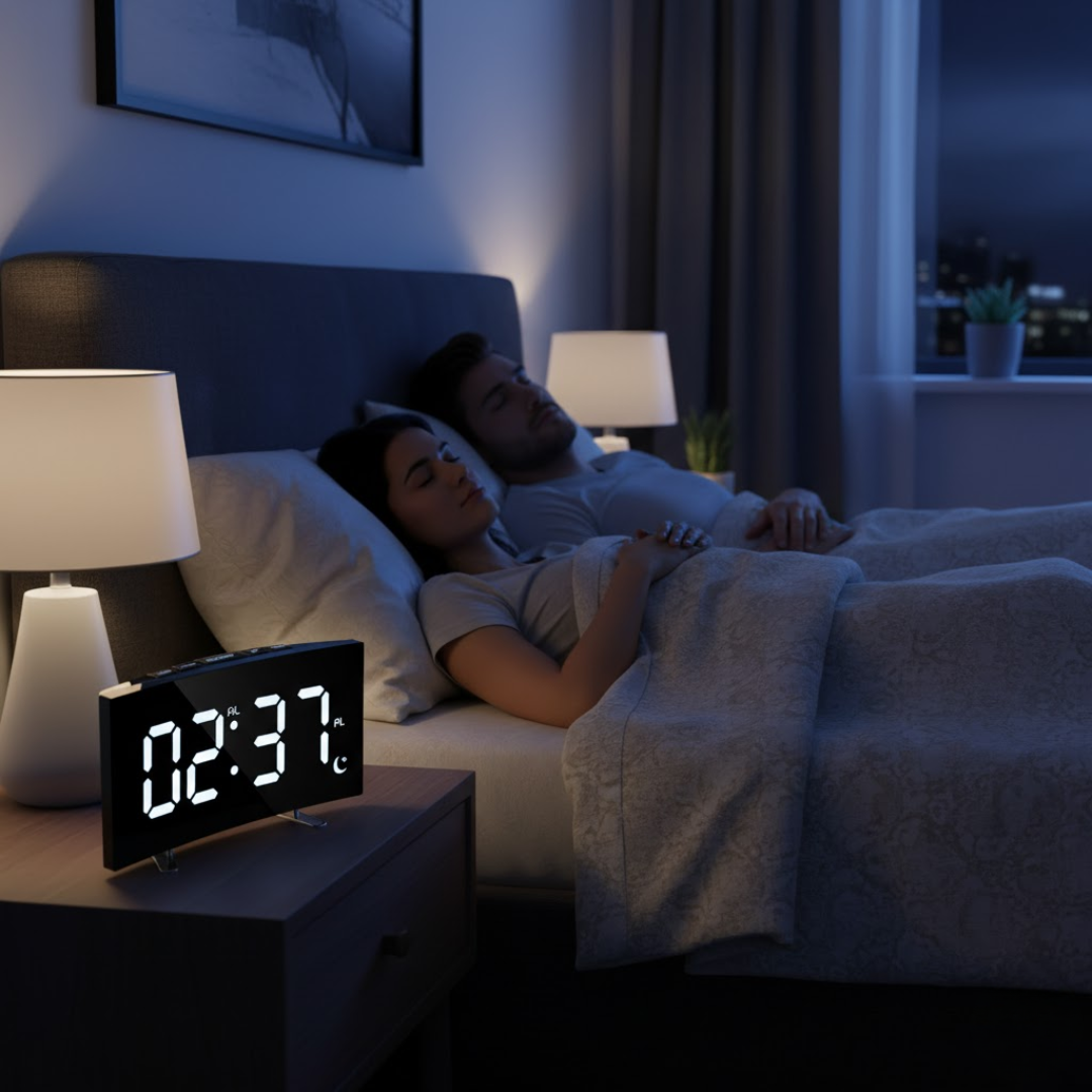 Digitalt vækkeur med LED display og buet skærm, ideelt som bordur i soveværelset.