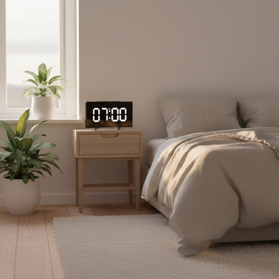 Moderne LED vækkeur m. automatisk lys, fremhæver tid på en elegant buet skærm.