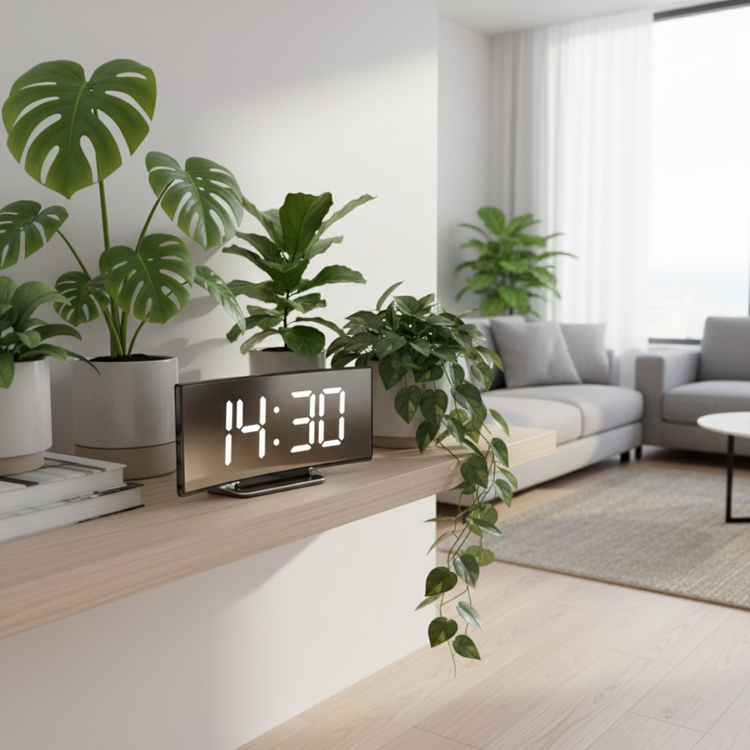 Klart digitalt LED vækkeur m. unik buet skærm, tilføjer stil til ethvert soveværelse.