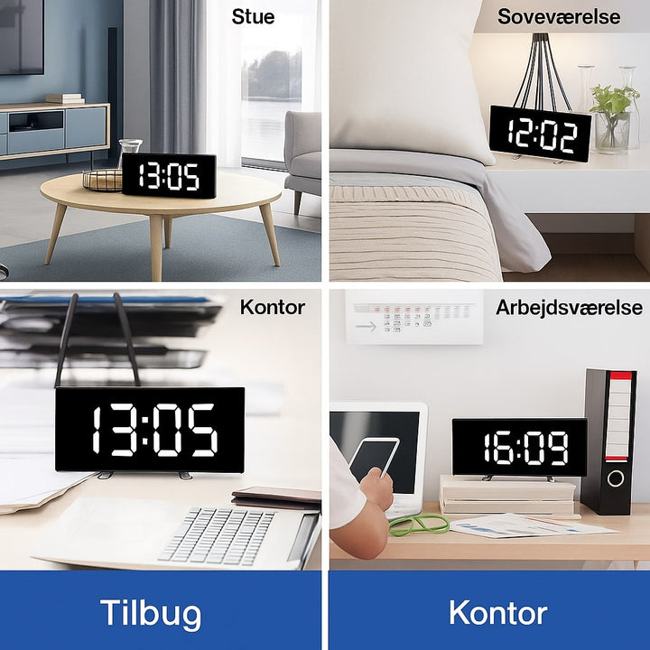 Unisex LED vækkeur i minimalistisk design m. buet skærm og automatisk lys.