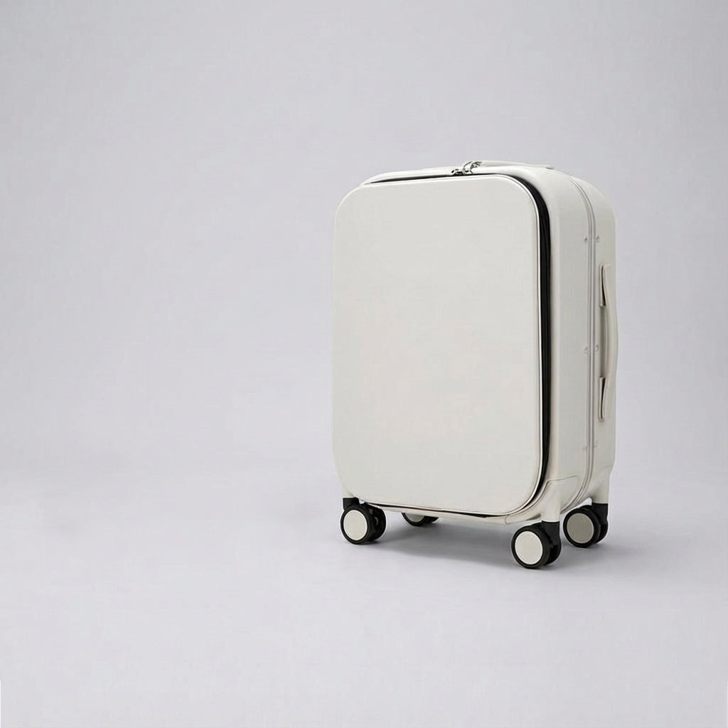 Elegant unisex rejsetaske med frontåben adgang og stille 360-graders spinner for nem pakning.