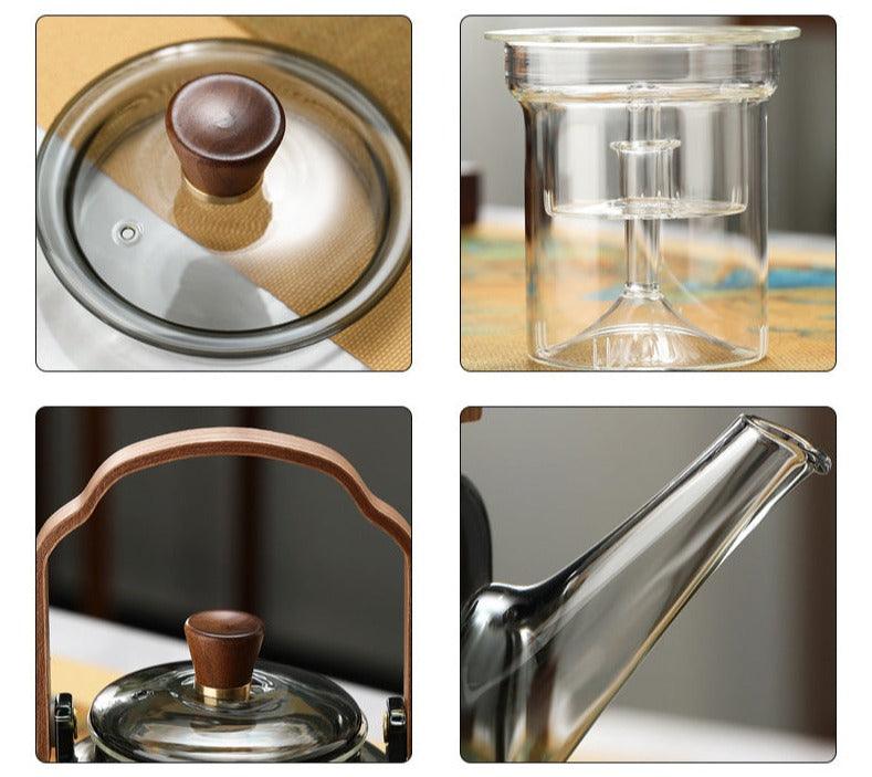 Stilfuld tekande i glas og træ med elegant design og ergonomisk greb, ideel til teceremonier.