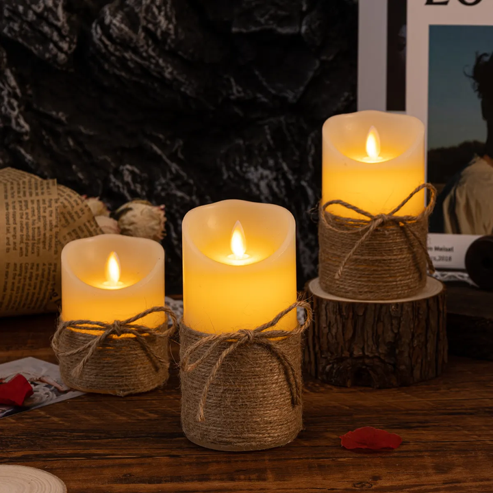 Stemningsfulde LED-lys med realistisk flammeeffekt i græskarform, trælook og klassisk design, varmt hvidt skær