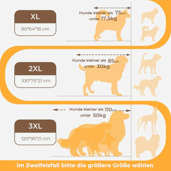 Ortopædisk hundeseng med støttende nakkestøtte, designet til store og ældre hunde.