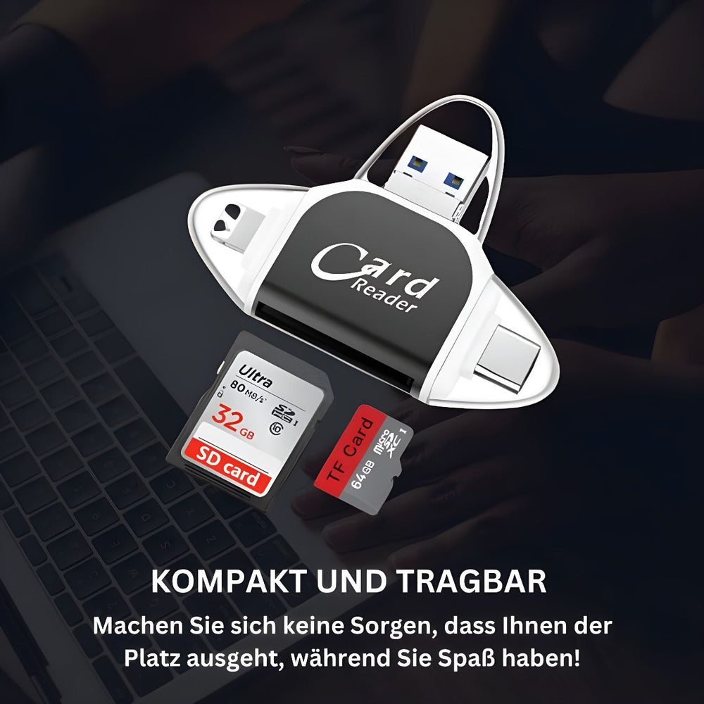Kompakt 4-i-1 USB hub kortlæser til SD & Micro SD kort. Ideel til dataoverførsel mellem enheder på farten.