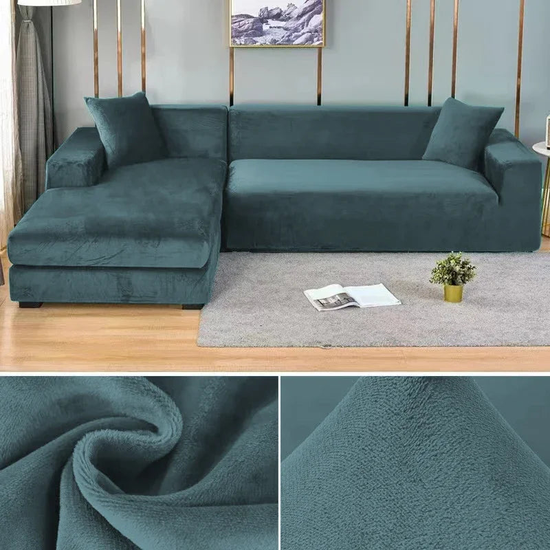 Billede, der viser forskellige farver af velour stretch sofabetræk, inklusive gul og grå.