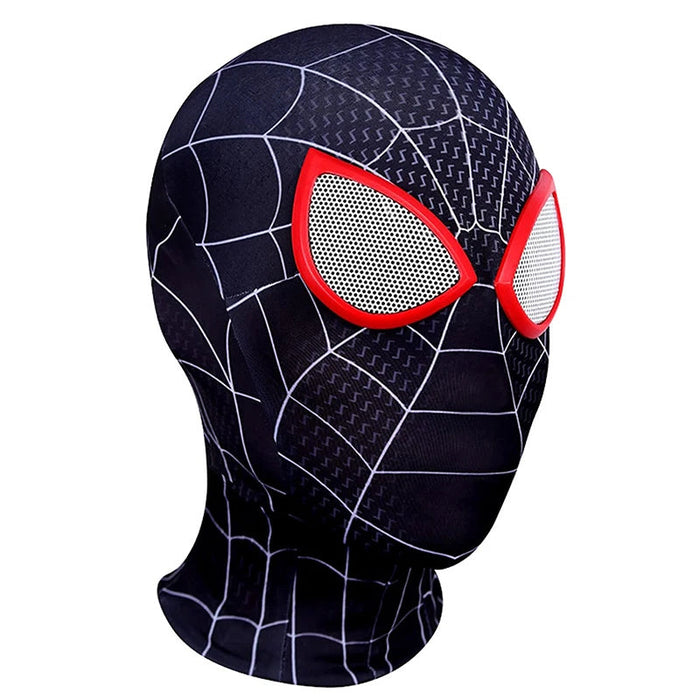 Superheltmaske til børn med rødt spindelvævsmønster, ideel til rollespil og fastelavn, elastisk og behagelig.