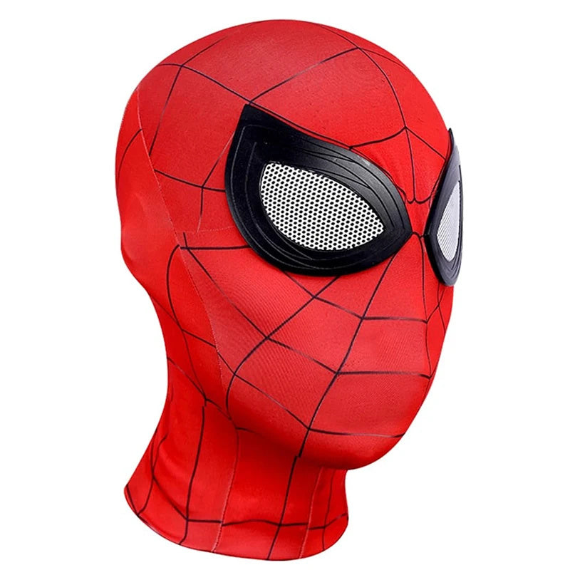 Superheltmaske til børn med rødt spindelvævsmønster, ideel til rollespil og fastelavn, elastisk og behagelig.