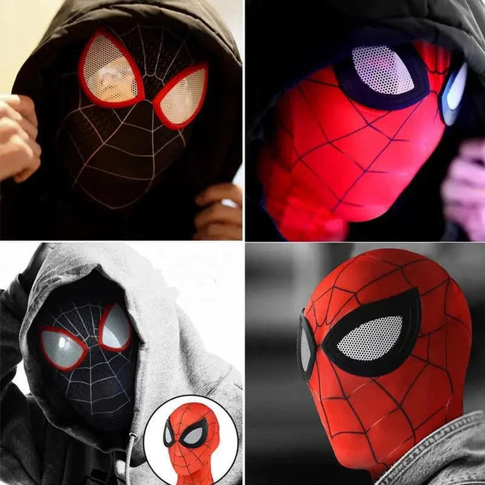 Superheltmaske til børn med rødt spindelvævsmønster, ideel til rollespil og fastelavn, elastisk og behagelig.