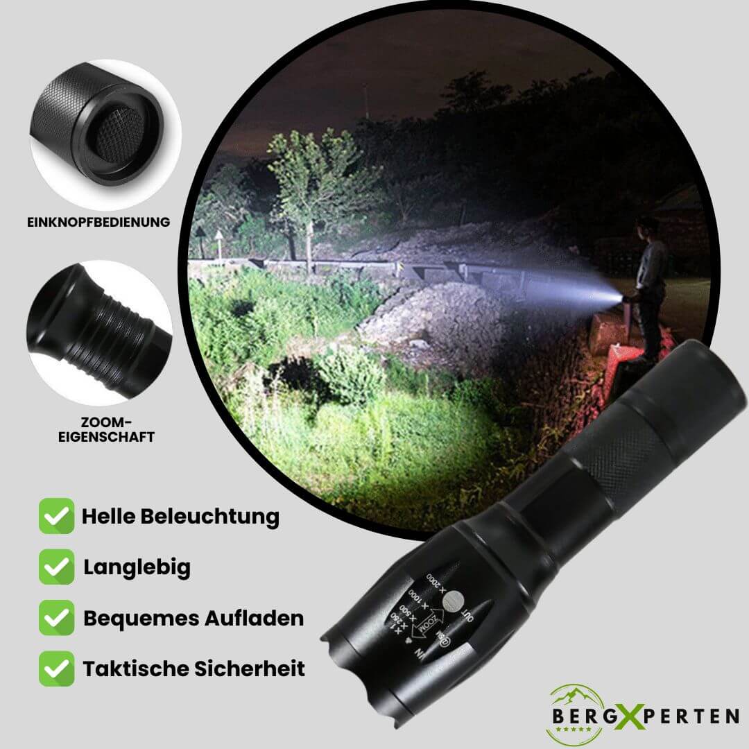 Taktisk LED-lommelygte i aluminium, robust, vandafvisende, 1200 lumen, skridsikkert design til udendørsbrug.