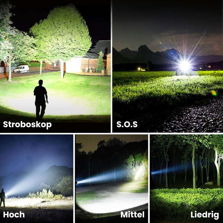 Taktisk LED-lommelygte i aluminium, robust, vandafvisende, 1200 lumen, skridsikkert design til udendørsbrug.