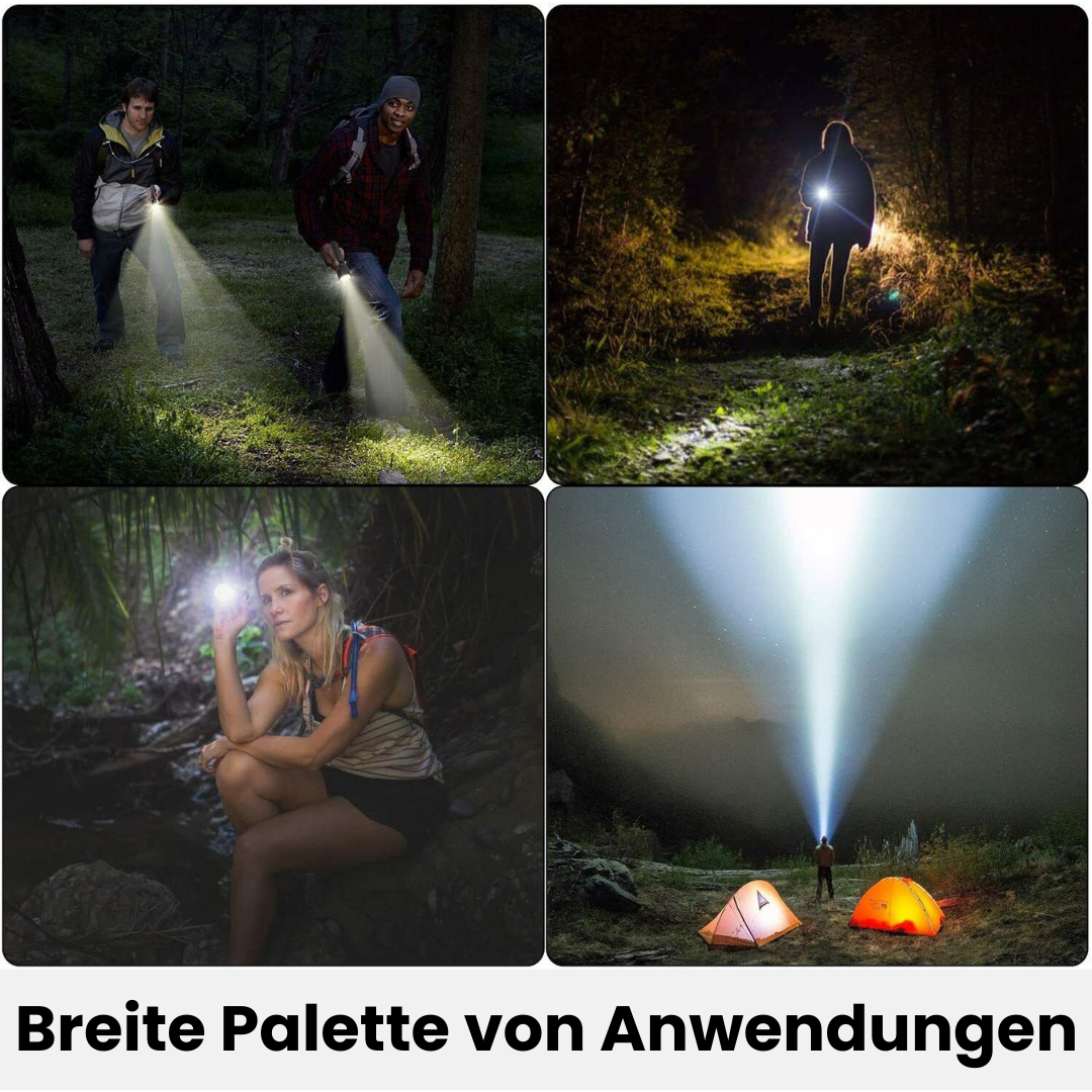 Taktisk LED-lommelygte i aluminium, robust, vandafvisende, 1200 lumen, skridsikkert design til udendørsbrug.