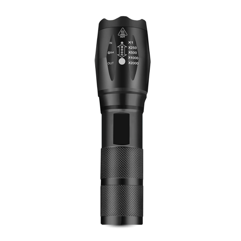 Taktisk LED-lommelygte i aluminium, robust, vandafvisende, 1200 lumen, skridsikkert design til udendørsbrug.