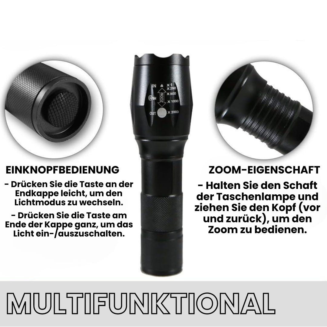 Taktisk LED-lommelygte i aluminium, robust, vandafvisende, 1200 lumen, skridsikkert design til udendørsbrug.
