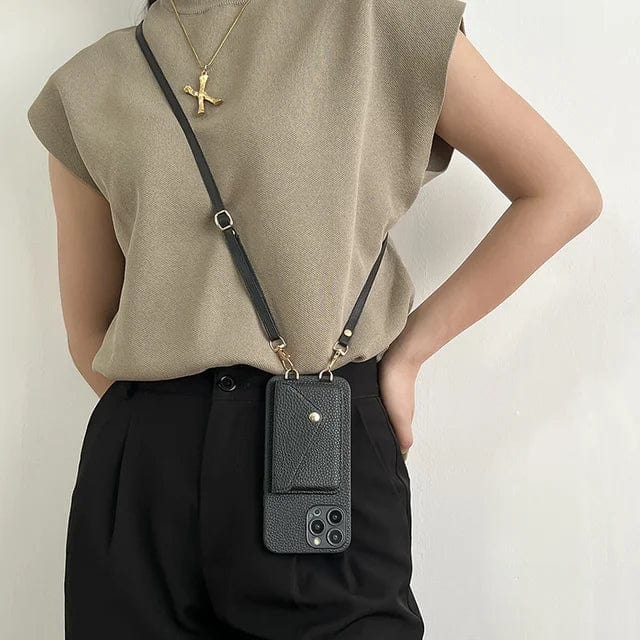 Telefon crossbody taske til iPhone med justerbar rem, kompakt design for håndfri brug.