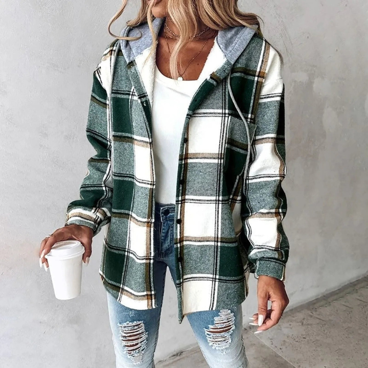 Komfortabel efterårs/vinter flanneljakke til kvinder med hætte; varm og trendy casual overtøj.