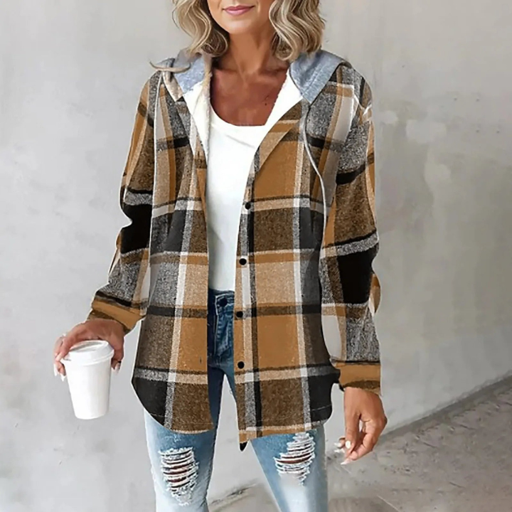 Moderne dame flanneljakke med hætte og ternet design, perfekt til et afslappet og varmt look.