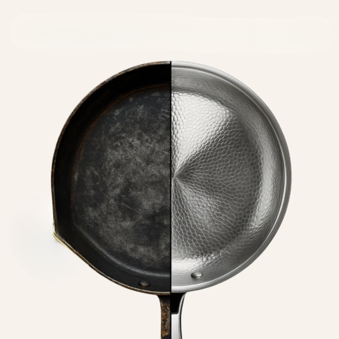 Robust titanium induktionspande med hamret design. Giver jævn varme og er utrolig nem at rengøre.