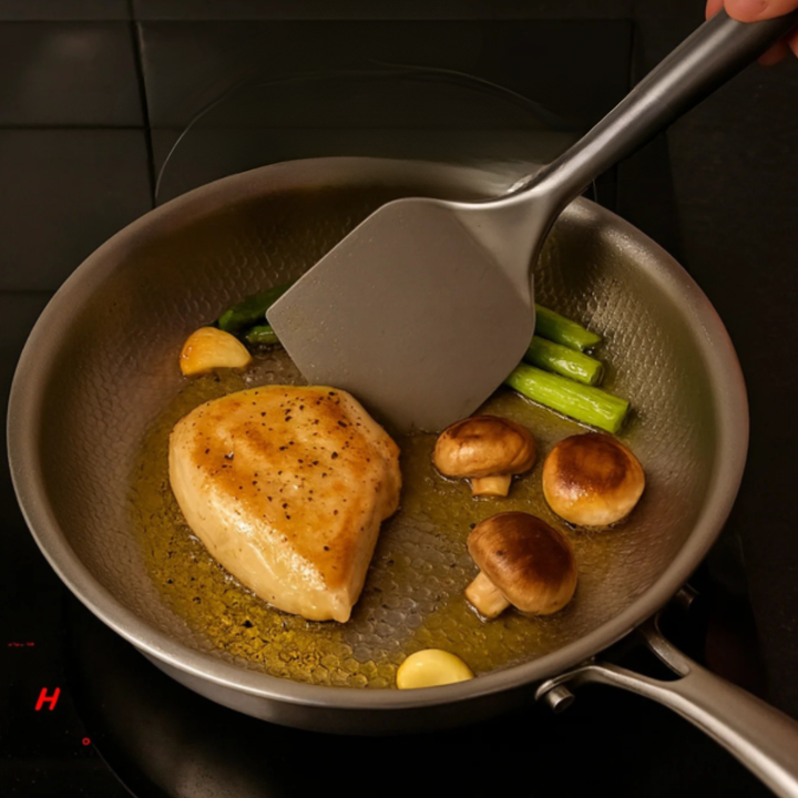 Premium titanium induktionspande med smuk hamret finish. Til sund madlavning og optimal varmefordeling.