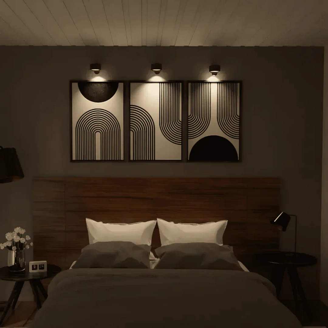 Slank aluminium LED væglampe, trådløs og genopladelig, med justerbar belysning for stilfuld indretning.