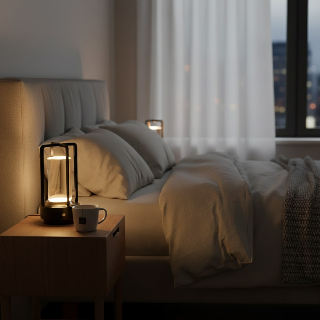 Genopladelig trådløs bordlampe, der giver hyggelig og justerbar belysning til hjemmet.
