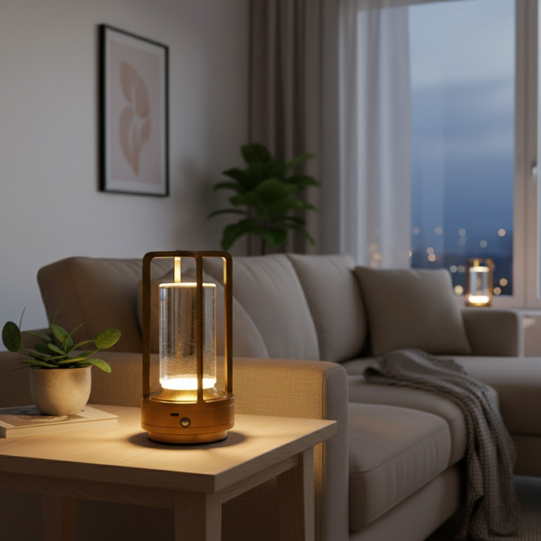 Dekorativ LED bordlampe, perfekt til stemningslys; trådløs og justerbar for din indretning.
