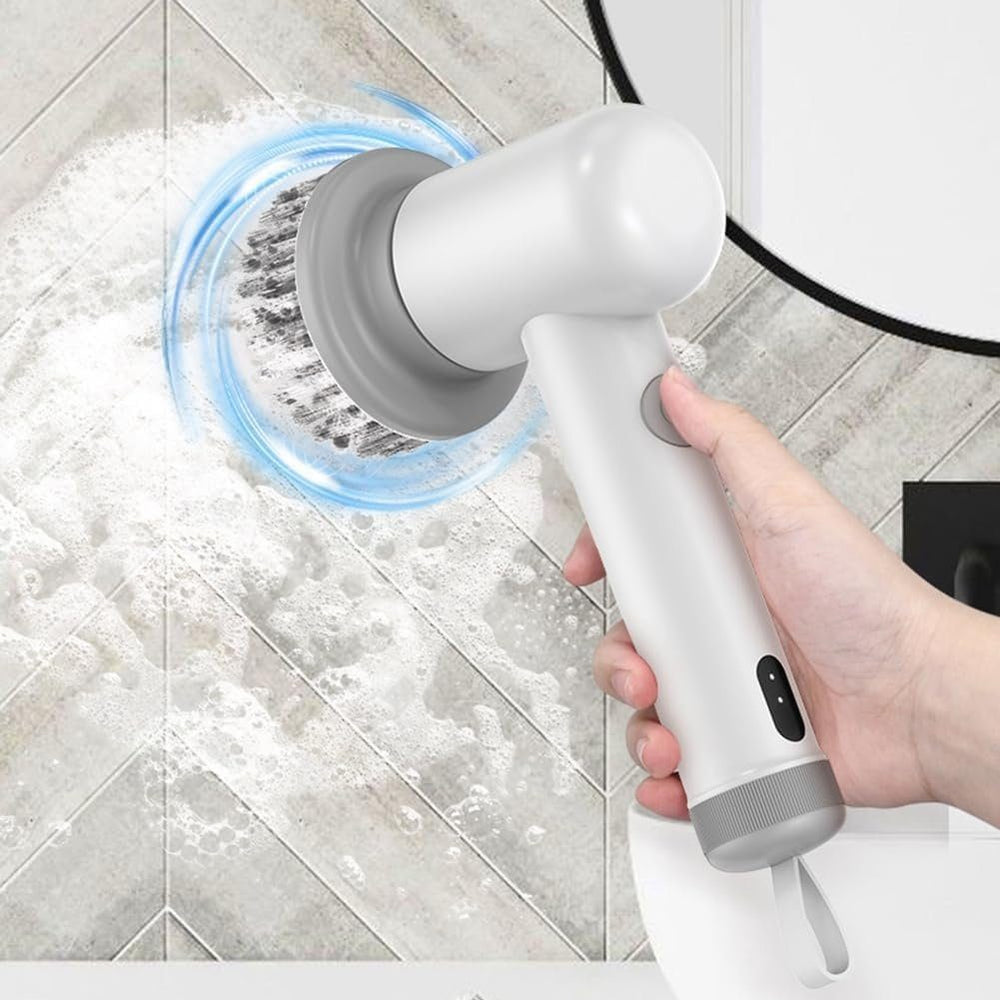 Genopladelig skrubber til grundig rengøring af fliser i badeværelset og fedt i køkkenet.