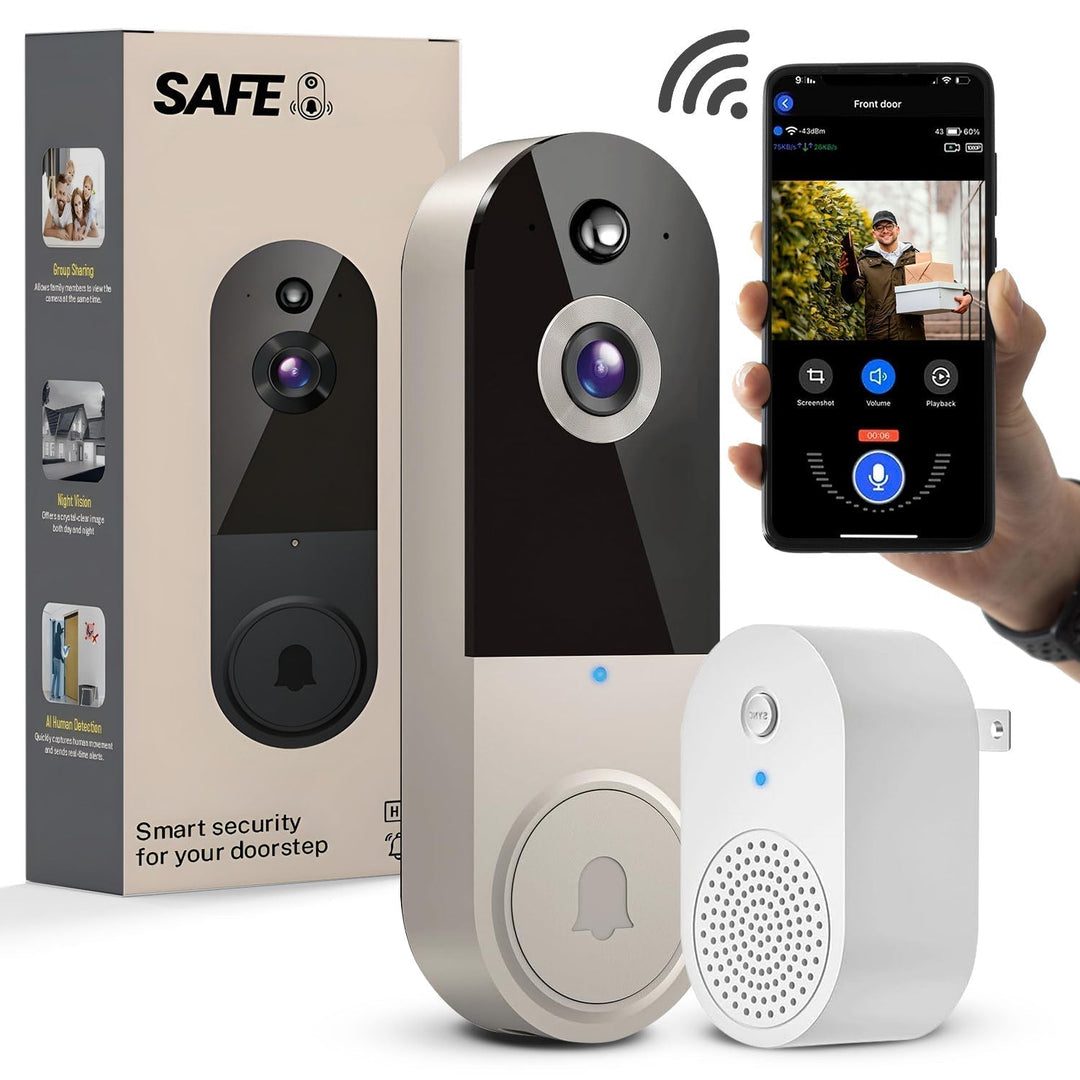 Trådløs videodørtelefon med AI-bevægelsesdetektering til smart hjem sikkerhed og overvågning.