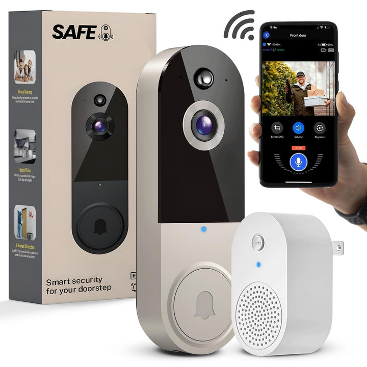 Trådløs videodørtelefon med AI-bevægelsesdetektering til smart hjem sikkerhed og overvågning.