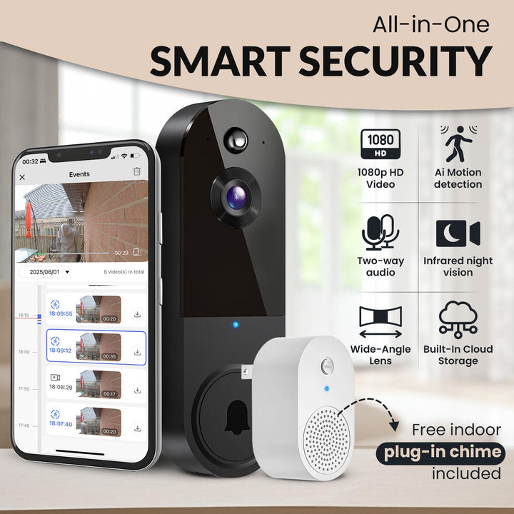 Nem installation trådløs videodørtelefon med to-vejs lyd, perfekt til smart hjem overvågning.