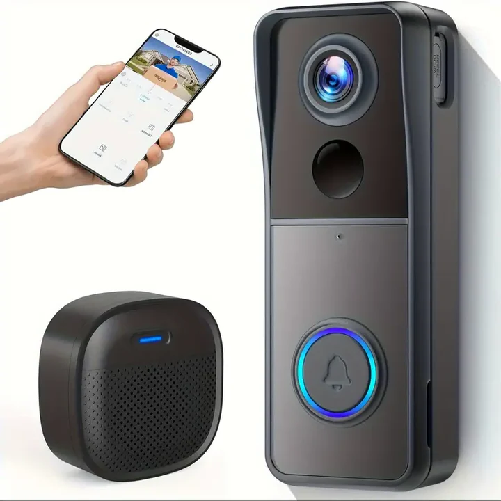 Trådløs WiFi videodørklokke med 1080P HD udendørskamera, nattesyn og bevægelsessensor for hjemmesikkerhed.